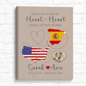 Cadeau de déménagement pour étudiant en échange, cartes des drapeaux des États-Unis et de l'Espagne pour amis, personnalisation de deux pays, affiche de l'amitié