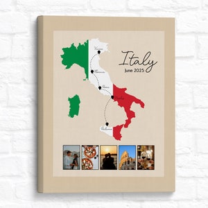 Mappa personalizzata dell'Italia con foto del viaggio, bandiera italiana, decorazione da parete per la casa, stampa poster per vacanze italiane, fidanzamento, luna di miele