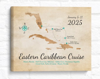 Eastern Caribbean Cruise Map, Personalized Travel Souvenir, Trip Itinerary Keepsake