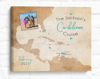 Caribbean Cruise Map with Photo, Personalized Travel Keepsake, Family or Group Travel to Aruba, Bonaire, Curacao, Southern Caribbean Trip