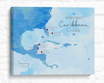 Western Caribbean Cruise Map, Personalized Travel Gift Idea, Cozumel, Costa Maya, Mexico, Roatan, Honduras, Bahamas Cruise Route Destination