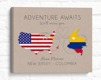 Au Pair Gift, USA to Colombia Map Poster, Long Distance Move, Adventure Awaits, Gift for Graduation, Study Abroad Foreign Exchange Student