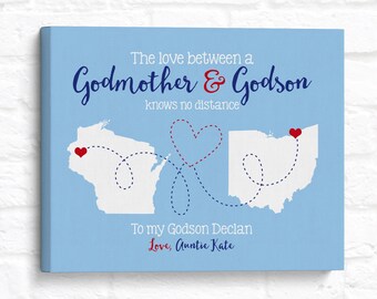 Godson, Godmother, Long Distance, Two Maps - Personalized Gift for Friends, Family, Godchild, Gift for Best Friends Son
