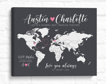 Long Distance Personalized World Map, Gift for Couple, Husband Wife Military Deployment Quote, Long Distance Relationship Sign