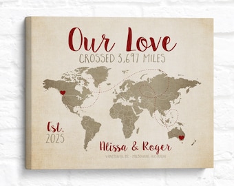 Our Love Crossed Personalized Travel Map, World Map Art, Custom Home Decor Gift, Anniversary Gift Long Distance Couple, Engagement Gift