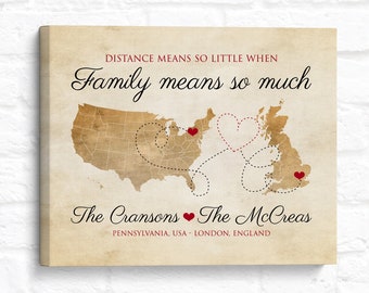 Family Friends Map Gifts, Long Distance Friends of the Family, Moving Overseas, USA to UK, Family in another country map art