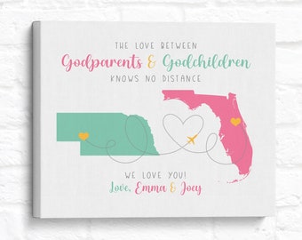 Personalized Godchildren Gift, Long Distance Map Print, Baptism Gift for Godchild from Godmother and Godfather