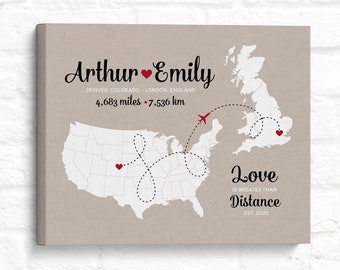 Long Distance Relationship Map Gift, Two Personalized Maps with Miles and KM, Wedding Gift, Engagement Gift, Anniversary Gift for Him or Her