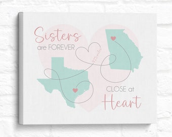 Moving Gift for Sister, Personalized Art Print with Maps Connecting Hearts, Sisters are Forever Close at Heart