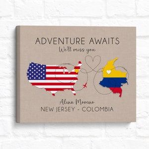 Adventure Awaits - Gift for Au Pair or Foreign Exchange Student, Personalized Flag Country Maps