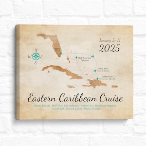 Mapa de crucero por el Caribe Oriental, recuerdo de viaje personalizado, recuerdo del itinerario de viaje