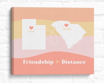 Friendship is Greater Than Distance Map Art, Personalized Long Distance Friendship Art, Boho Room