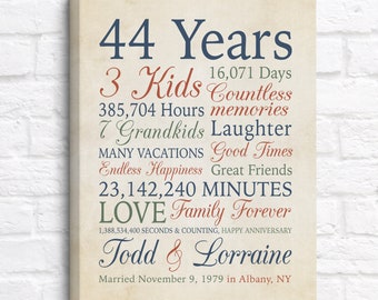 44th Anniversary Gift, Personalized Art for Parents Wedding Anniversary, 44 Years of Marriage, Customizable Anniversary Sign, Marriage Year