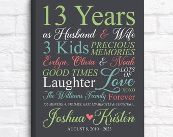 13th Anniversary, Personalized Gifts for Wife, Husband, Spouse, Married 13 Years, Thirteen Years of Marriage, Wedding Anniversary Wall Art