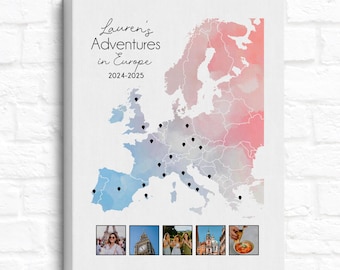 European Travel Map with Photo Collage, European Study Abroad Student Gift, Living in Europe and Visiting Countries, Travel Memories Poster