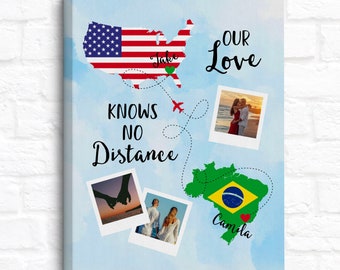 Long Distance Relationship Maps Gift for Boyfriend, Girlfriend Overseas, Love Knows No Distance with Couples Photos Poster Art
