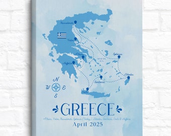 Greece Cruise Map, Personalized Travel Route for Greek Isles, Santorini, Mykonos, Athens, Thessaloniki, Rhodes, Crete, Map Artwork