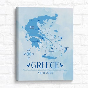Griechenland Kreuzfahrt Karte, personalisierte Reisestrecke für griechische Inseln, Santorini, Mykonos, Athen, Thessaloniki, Rhodos, Crete, Map Artwork