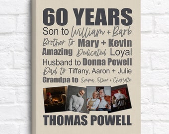 60th Birthday Gift, Canvas Print, Birthday gift for Father, Grandpa, Dad, Personalized Art Gift, Custom made with your text and photos