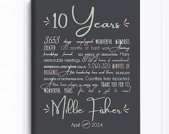 10 Year Work Anniversary Gift, Employee Recognition, Coworker Company Appreciation Canvas Sign