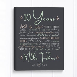 10 Year Work Anniversary Gift, Employee Recognition, Coworker Company Appreciation Canvas Sign