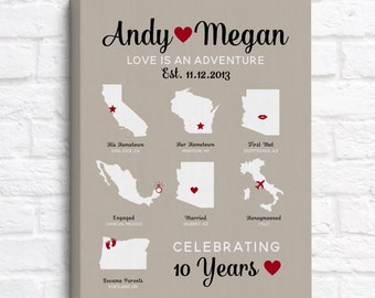 10th Anniversary Gift, Personalized Maps of Relationship, 10 Years Together, Gift for Wife, Husband, Custom Decor Anniversary Celebration