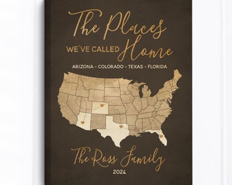 Family Gifts, The Places We've Called Home, US Map with Locations Highlighted, Customizable, Rustic Worn Map, Parents Wall Art Christmas