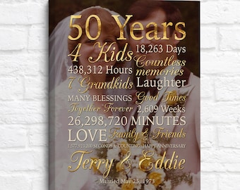 50th Anniversary Gift for Parents, 50 Years Wedding Anniversary, Gold Personalized Art Print or Canvas Sign, Vintage Wedding Photo Parents