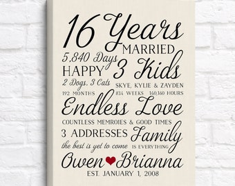 16 Year Wedding Anniversary Gift, Personalized 16th Anniversary Poster, Gift for Wife on Anniversary, Married for 16 Years Husband Gift