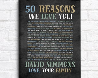 Fathers Day Gift for 50 Year Old Man, Gifts for 50th Birthday, 50 Reasons We Love You