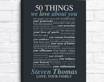 50 Things We Love About YOU, Dad, 50th Birthday Gift For Him, Man, Mens Gift, Brother, Father, Party Sign for 50th Born 1975 Guys Gifts