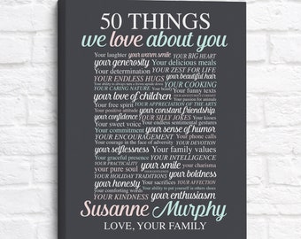 50 Things We Love About You, 50th Birthday Gift For Her, Woman, Sister, Mom, Party Decoration, 50th Birthday Sign 50 Reasons Why Art Decor