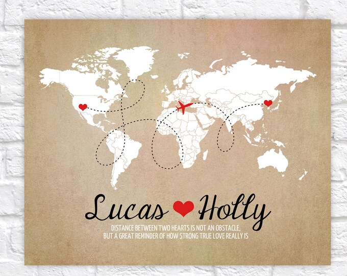 Featured listing image: Long Distance World Map, Rustic Wedding Gift, Art Print, Custom Engagement Gifts, Anniversary, Names, Hearts, Deployment, Quote Paper Map