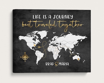 Personalized Map, Life is a Journey World Map Art, Gold and Gray Map with Compass, Anniversary Gifts, Long Distance Relationship