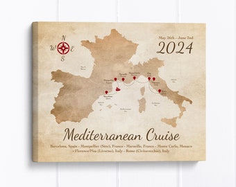 Mediterranean Cruise Map, Custom Holiday Map, Sea Trip, Italy Coast, Personalized Location Visited, Honeymoon Mediterranean Sailing Vacation