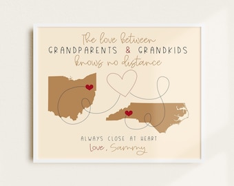 Gift for Grandparents Living Far Away, From Grandkids to Grandma and Grandpa Long Distance Map Poster