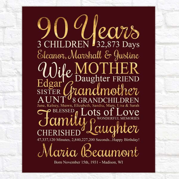 presents 90 year old lady Womens 90th Birthday Gift, Personalized Sign for 90 Year Old Woman, Turning 90, Grandmas Birthday, Great Grandmother Birthday Gifts