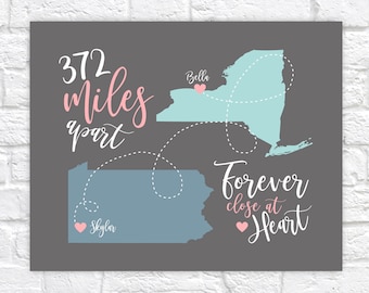 Long Distance Friends, Custom Map Art for Best Friends Moving Away Gift