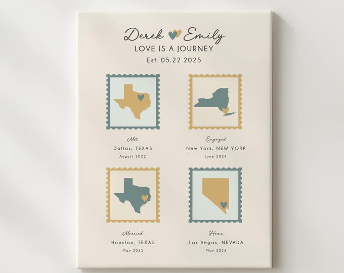 Featured listing image: First Anniversary Gift for Newlyweds: Personalized Stamp Map Art of Special Locations