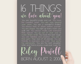 16th Birthday Gift for Girl, Daughters 16th Birthday Poster, 16 Things We Love About You, Gift for 16 Year Old, Sweet Sixteenth Bday