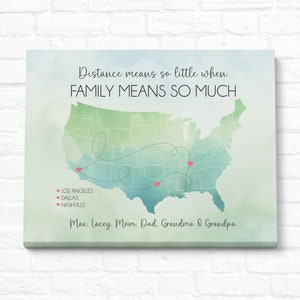 Mappa di famiglia degli Stati Uniti a lunga distanza, regalo personalizzato per genitori, nonni e bambini che vivono lontano, regalo di addio, Natale