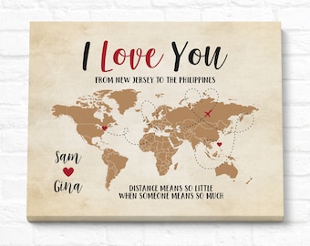 I Love You Map, Long Distance Relationship Gift for Couple, Living Far Apart, Distance from Each Other, World Map Couple Overseas Gifts
