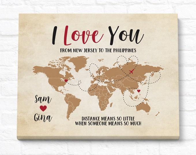Featured listing image: Long Distance Couple, Map Gift for Relationship, Living Far Apart, Distance from Each Other, World Map Couple Overseas Gifts