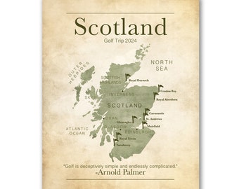 Golf Gift, Gifts for Golf Lovers, Scotland Golf Tour, Scottish Map, Golf Quotes, Dad Gift, Christmas, Boss, Gift Coworker, Office Art WF226