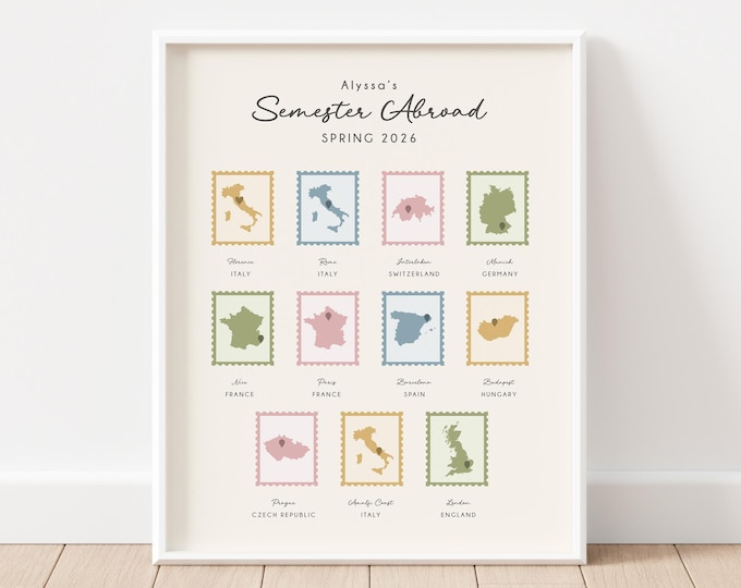 Featured listing image: Semester Abroad Travels Map Art: Gift for Study Abroad Program, Student Passport Stamp Art