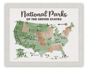 National Park Poster, All United States National Parks on Green Map, Adventure Travel, Yosemite, Yellowstone, Kids Art, Forest Room USA