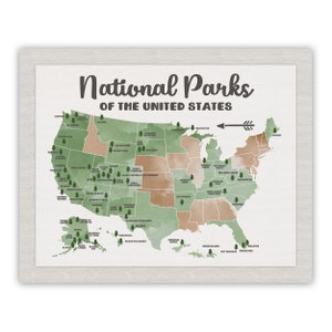 Nationalpark Poster, alle USA Nationalparks auf der grünen Karte, Abenteuerreisen, Yosemite, Yellowstone, Kids Art, Waldzimmer USA