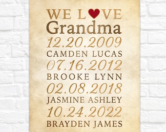 We Love Grandma, Christmas Gift for Grandma, Personalized Grandmother Gift with Grandkids Birthdates Mother, Mother in Law, Custom Xmas