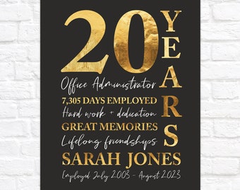 Office Retirement Gift, Personalized Years of Employment at Company Sign, 20th Work Anniversary Print, Gold and Black
