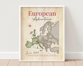 European Adventures Map, Personalized Travel Decor, Trip Memento, Route of Vacation in Europe